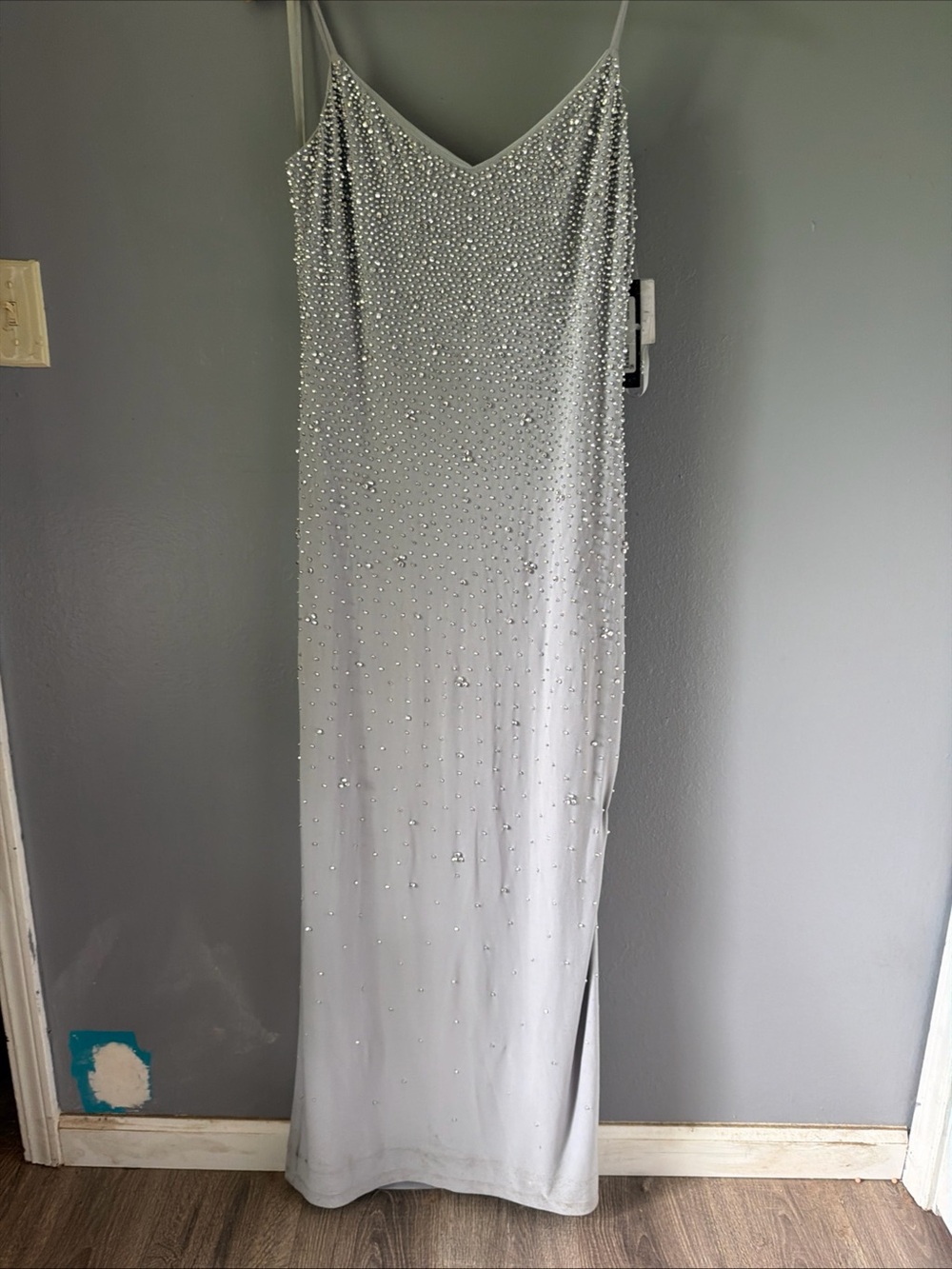 NWT Xscape Silver Beaded Spaghetti Strap Evening Gown size 10